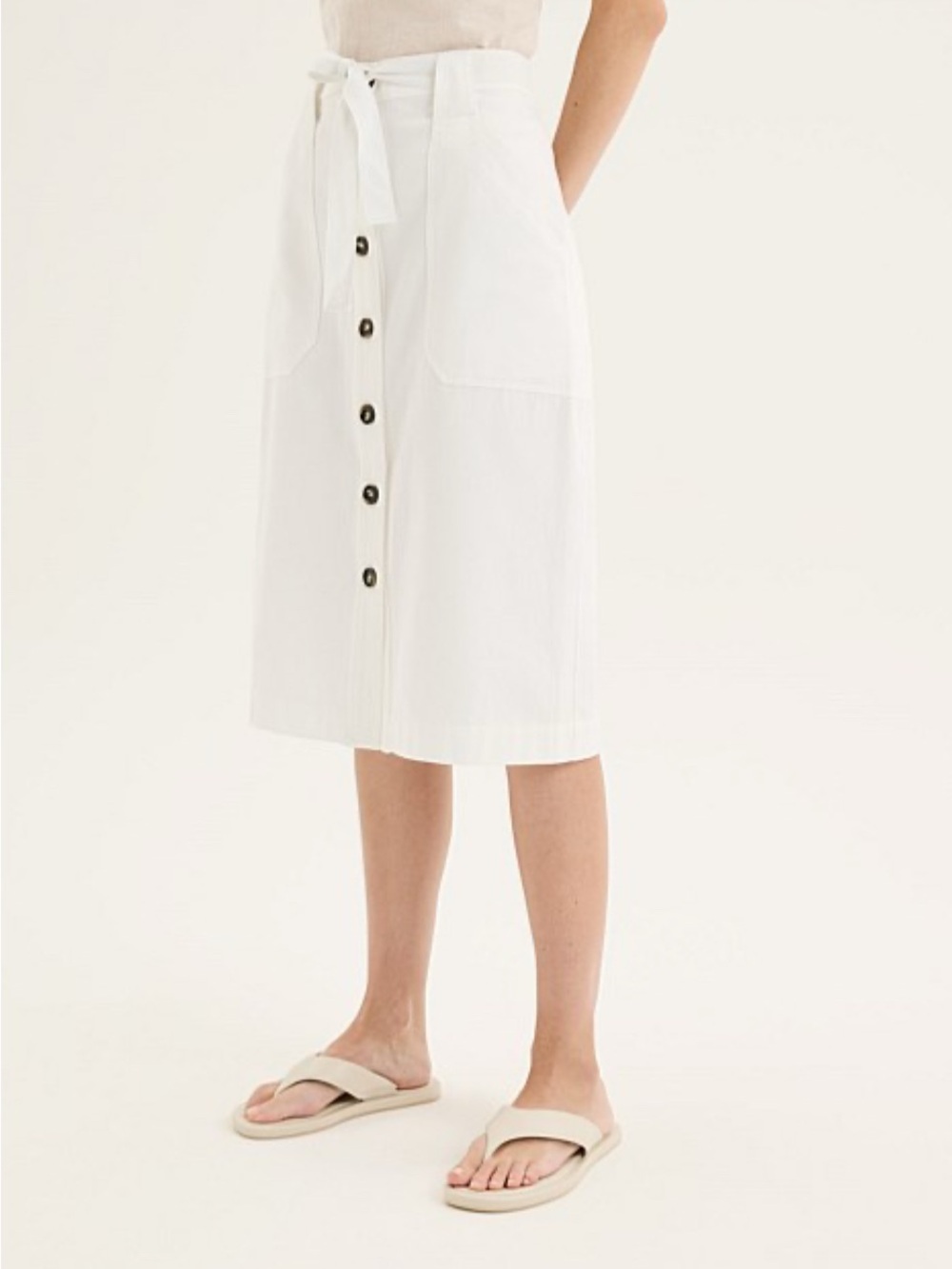 Simons White Button-Front Midi Skirt with Tie Waist